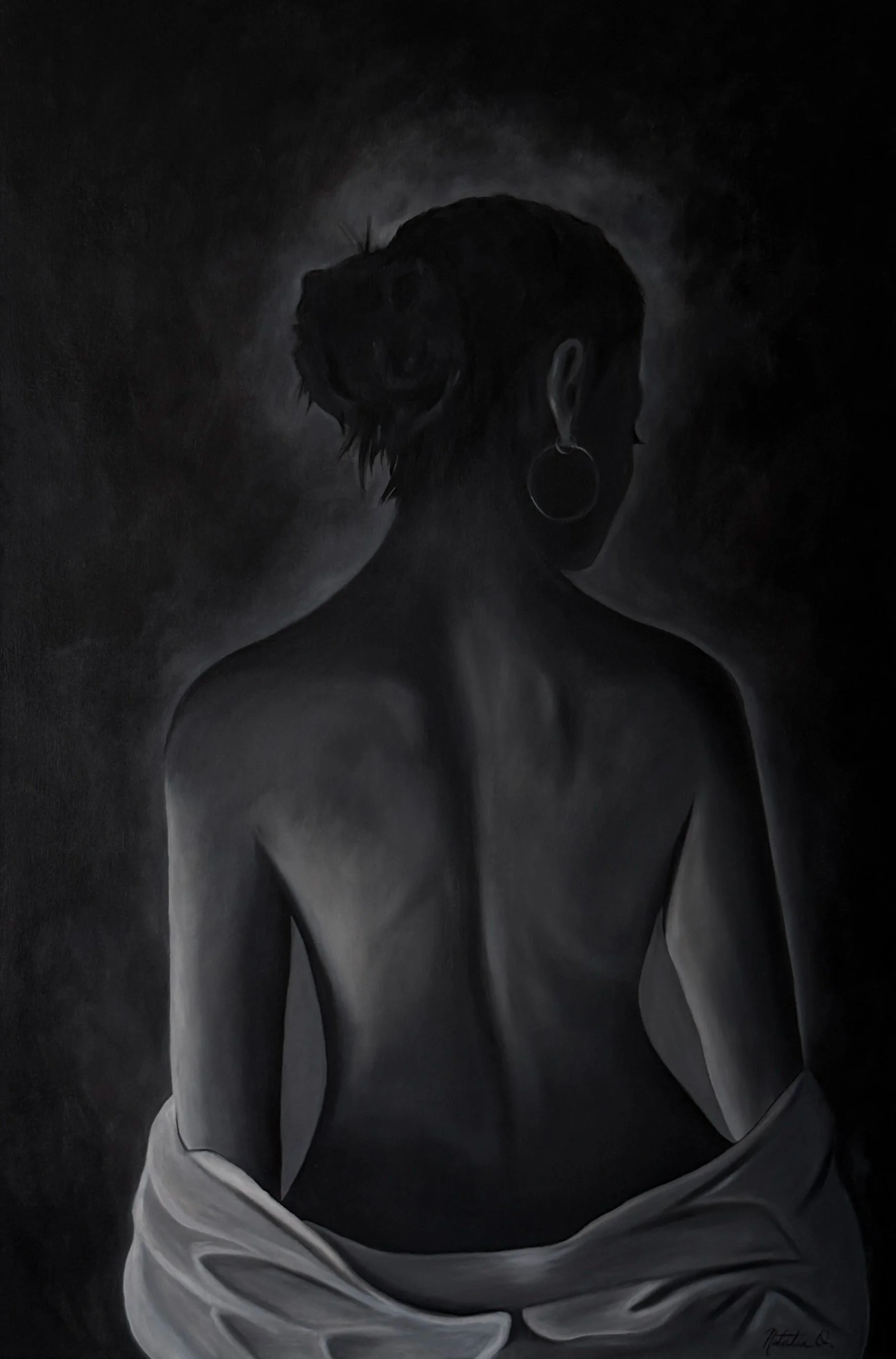 A grayscale painting of a woman with short, textured hair, wearing a large hoop earring, looking down with her shoulders exposed, and a flowing fabric draped around her, against a dark background.