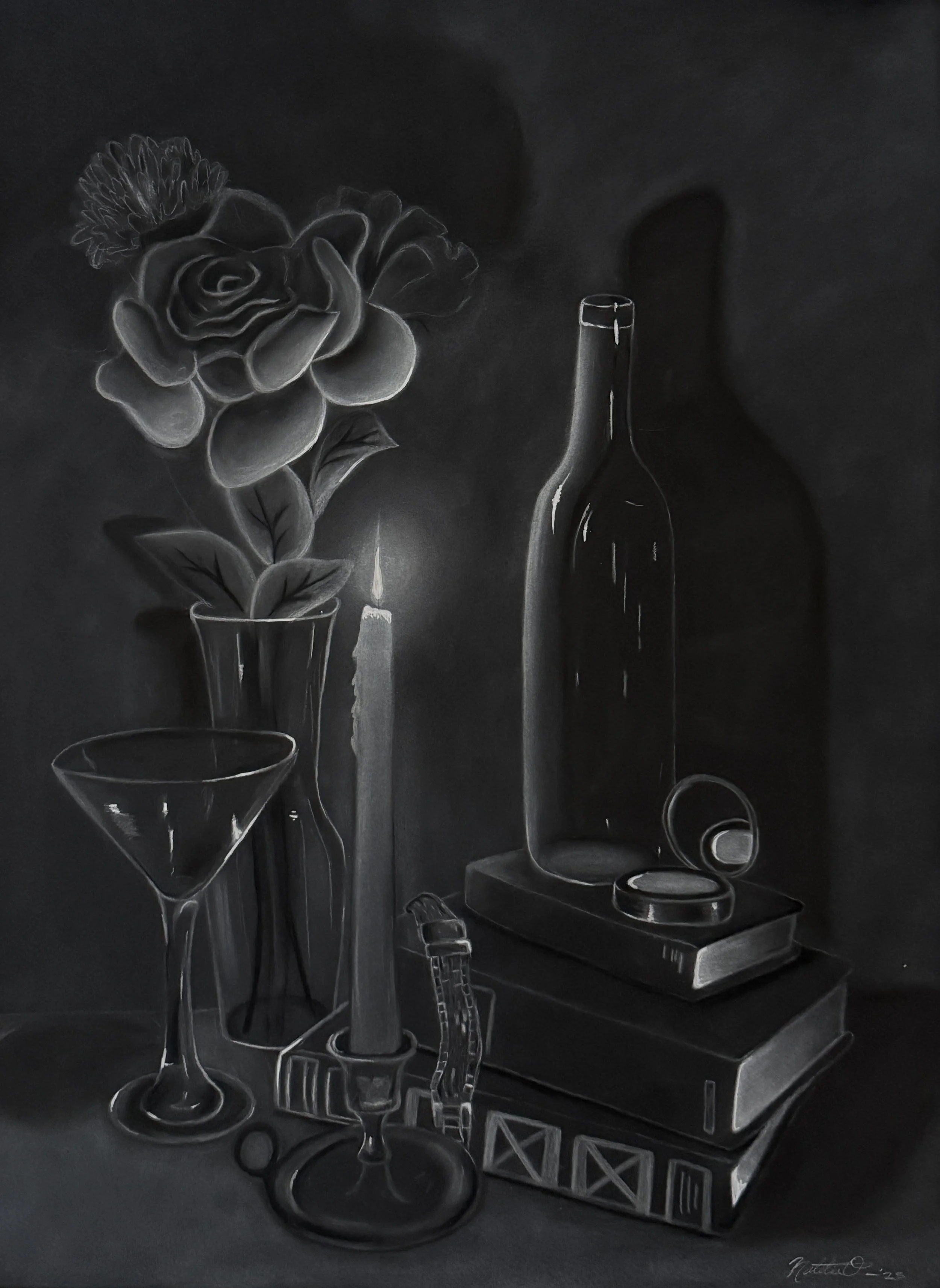 a drawing of candlelit bottles, books, and a flower in a vase 