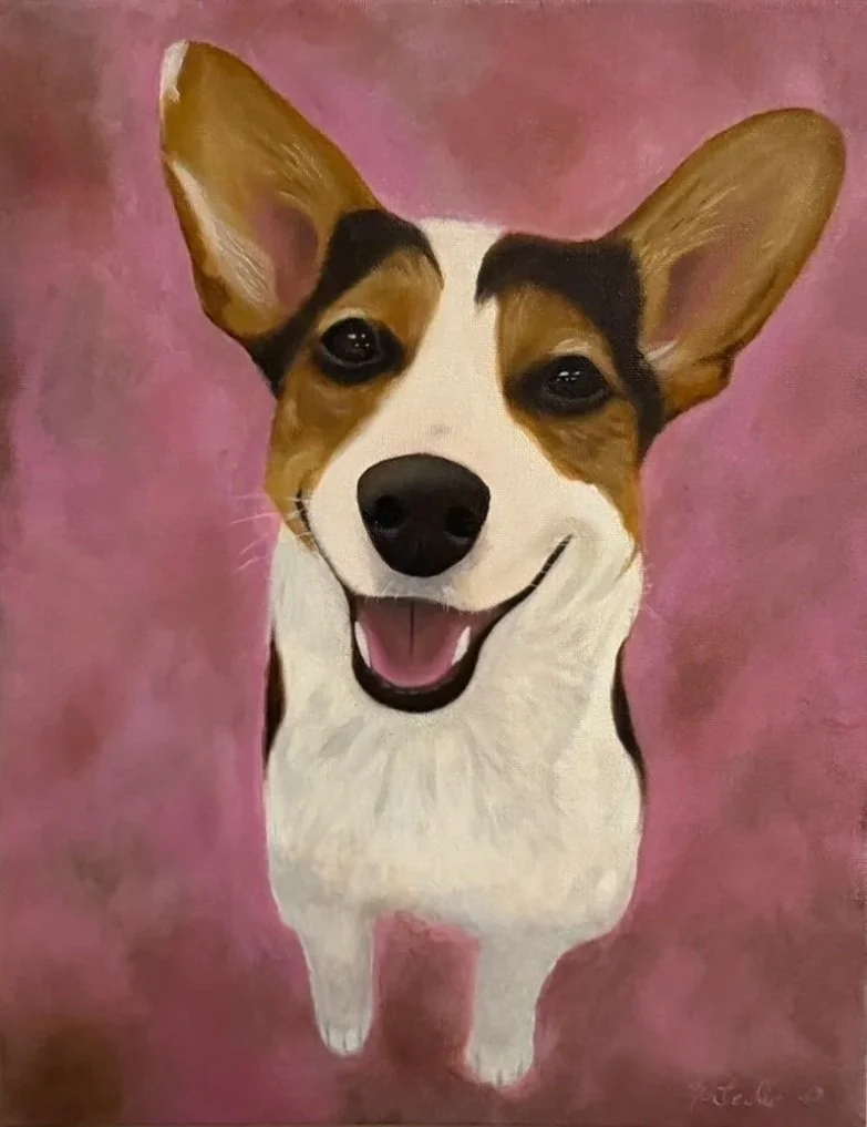 Painting of a happy dog with large ears on a pink background.