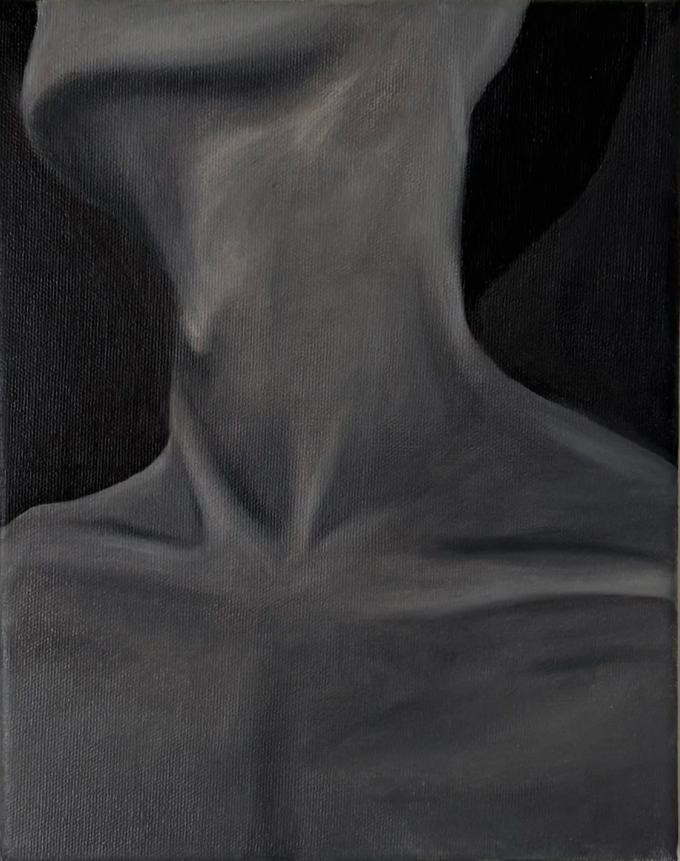 Black and white painting of a woman with her face partially obscured, showcasing her neck and shoulders.
