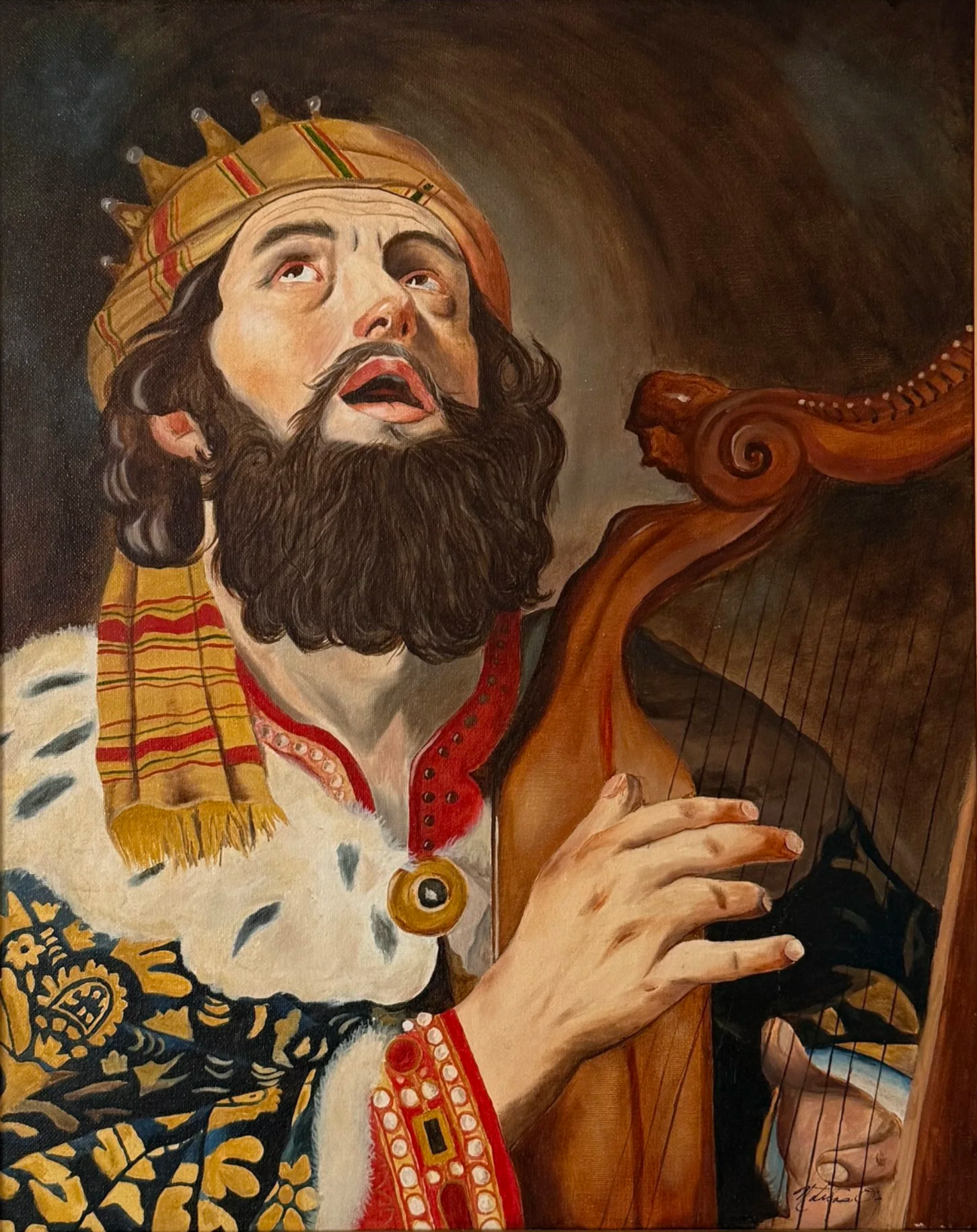 A painting of a man with long black hair, beard, and mustache, wearing a crown and regal clothing, playing a stringed instrument against a dark background.