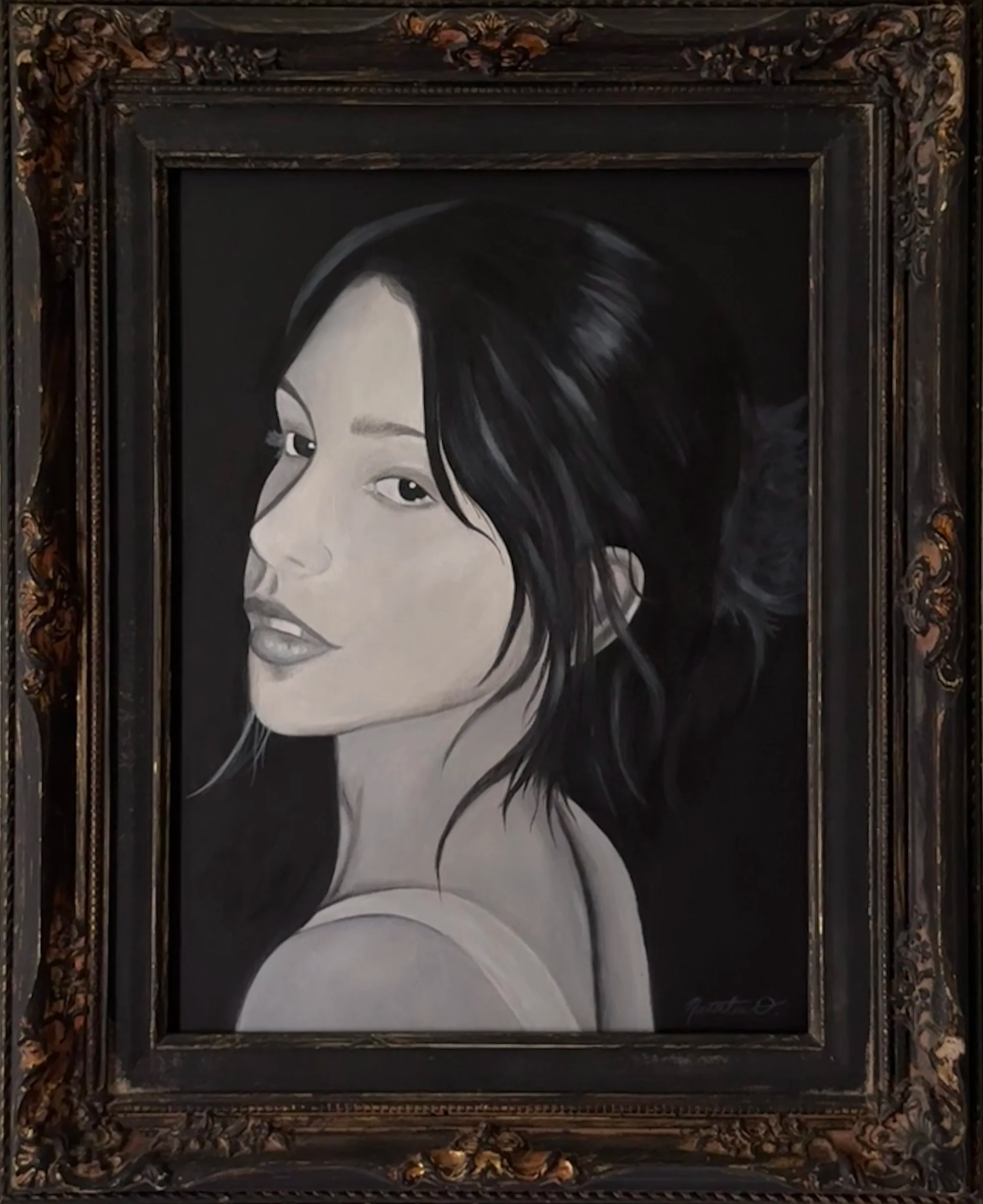 A black and white portrait painting of a woman with shoulder-length dark hair, looking over her shoulder with a subtle smile, framed in an ornate dark frame.