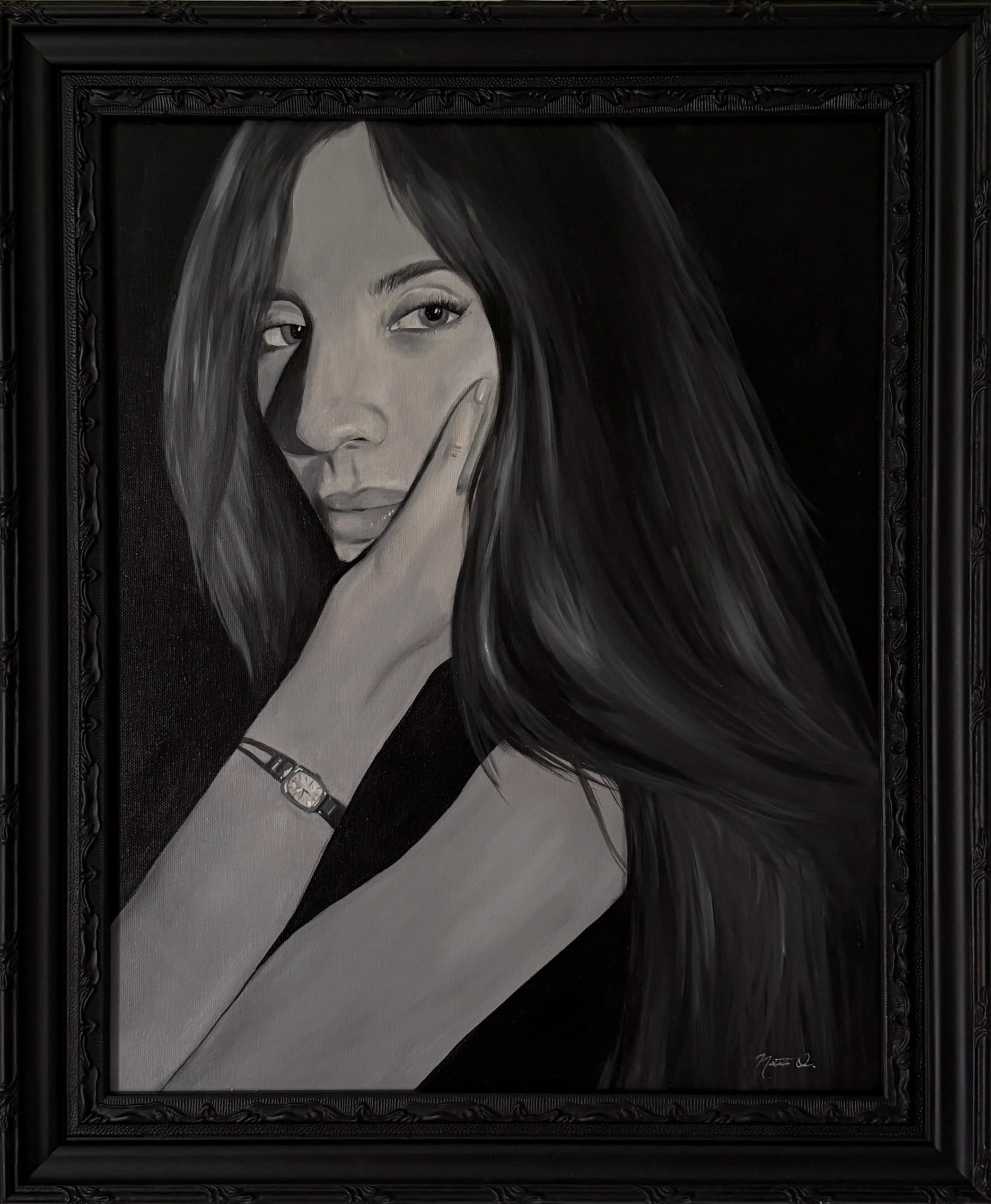 Black and white portrait of a woman with long hair, holding her finger in front of her lips. The painting is framed in an ornate black frame.