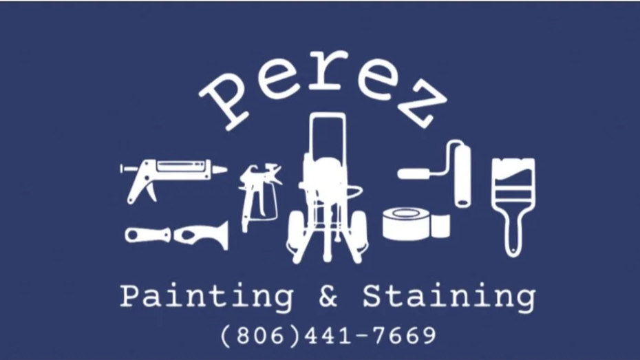 Business logo with furniture and painting tools, including a glue gun, paint roller, paintbrush, spray bottle, and paint can, with text "Perez Painting & Staining" and phone number (806) 441-7669.