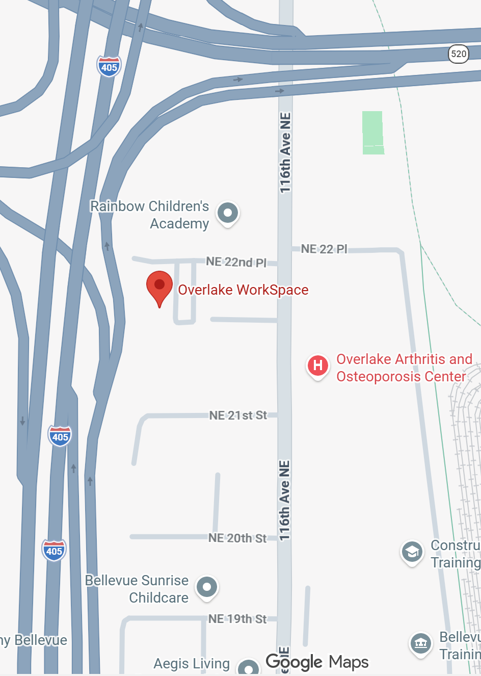 Map of where to find Vibrant Osteopathy and Overlake Workspace in reference to highways 405 and 520.