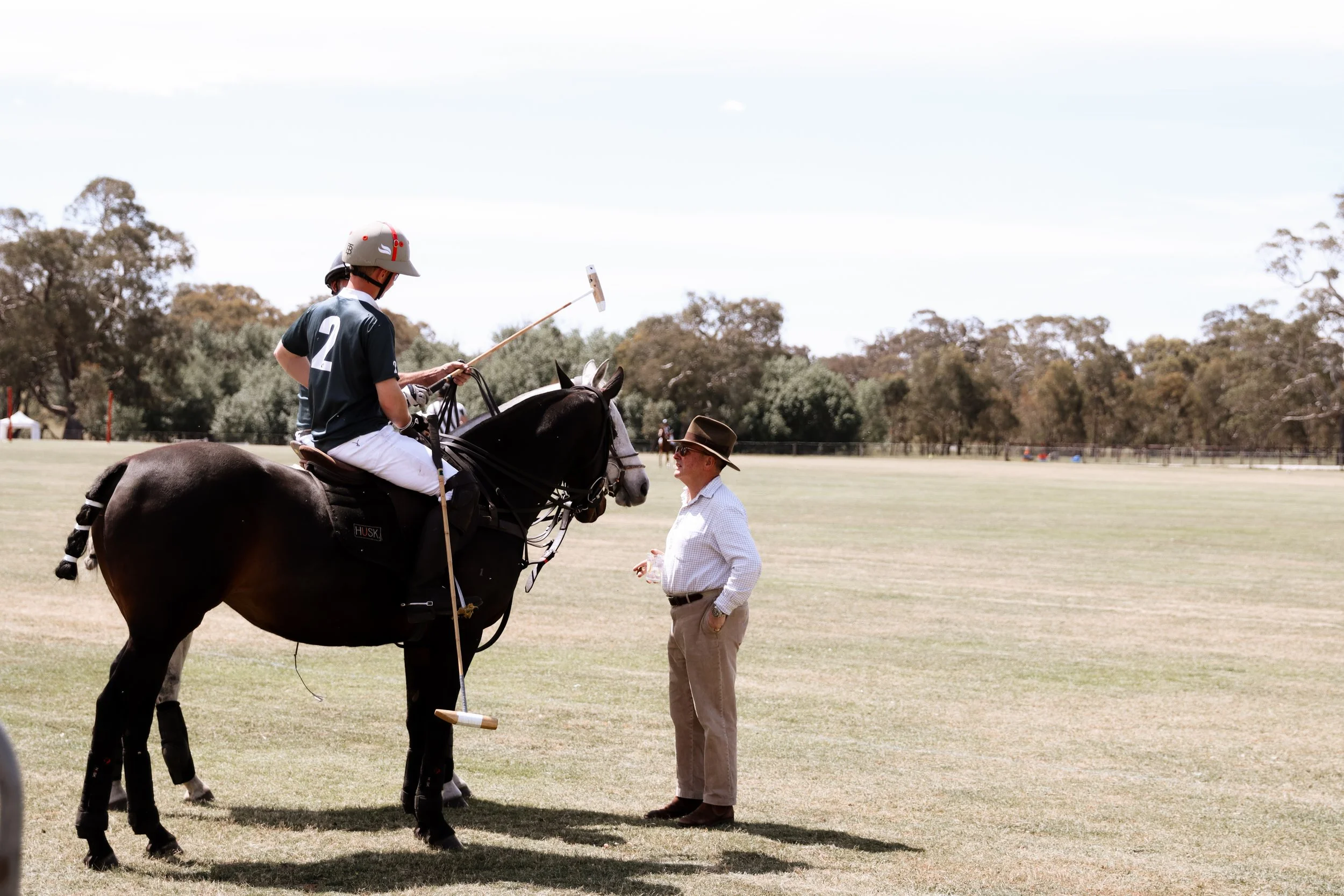 A polo player sitting on a dark horse holding a mallet, while a man in a white shirt and hat stands nearby on a grassy field.