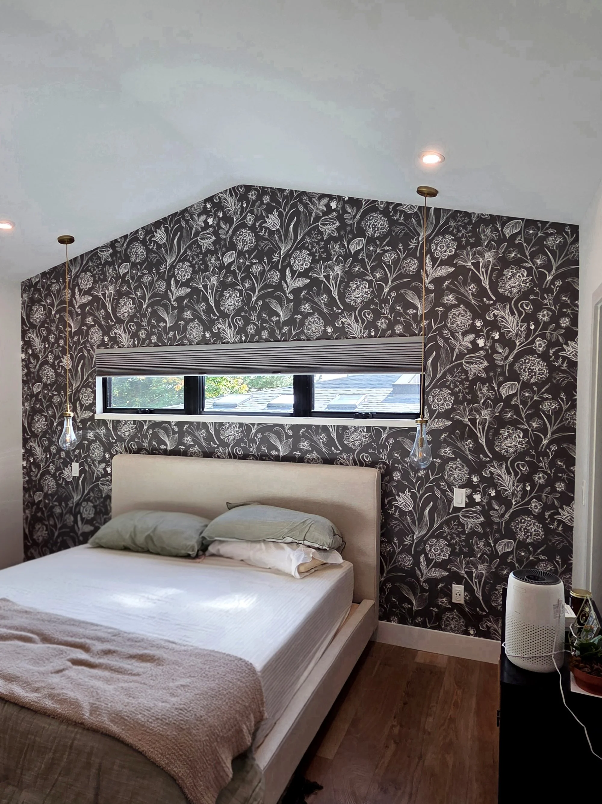 Sloped ceiling bedroom wallpaper accent wall installation in Denver, CO
