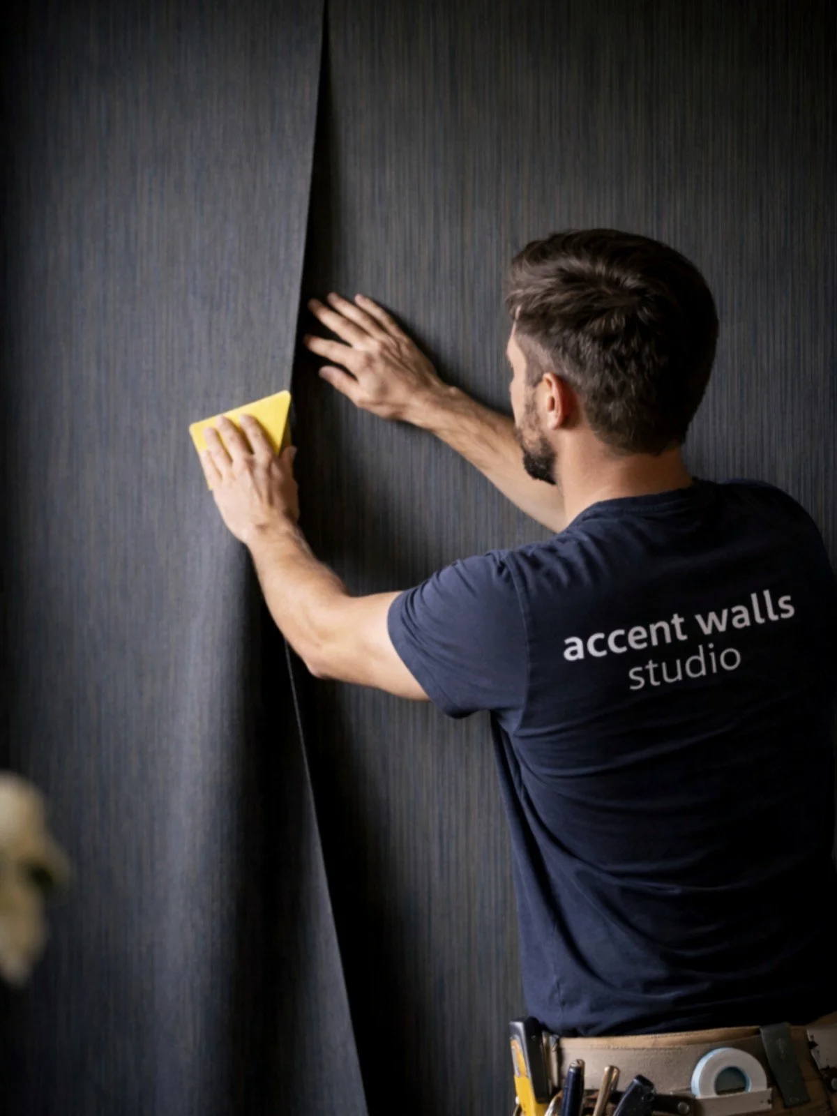 Installer applying wallpaper at Accent Walls Studio