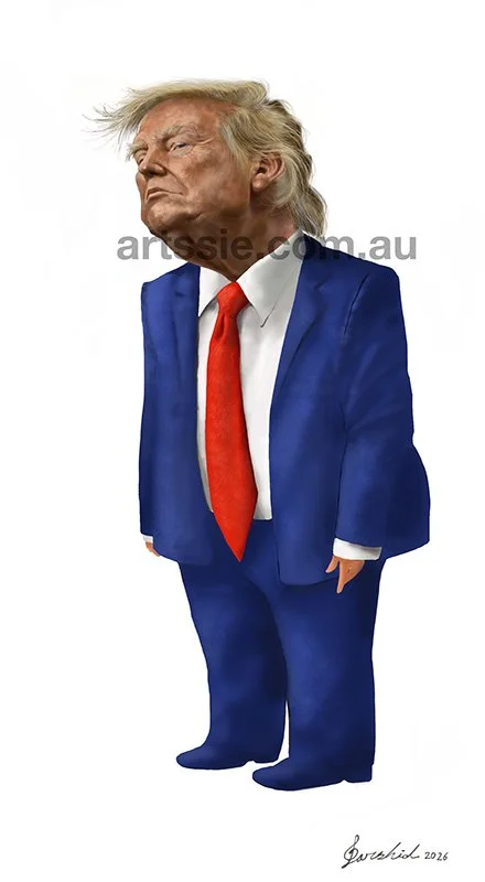 A satirical caricature of Donald Trump, exaggerating his distinctive features, posture and political persona.