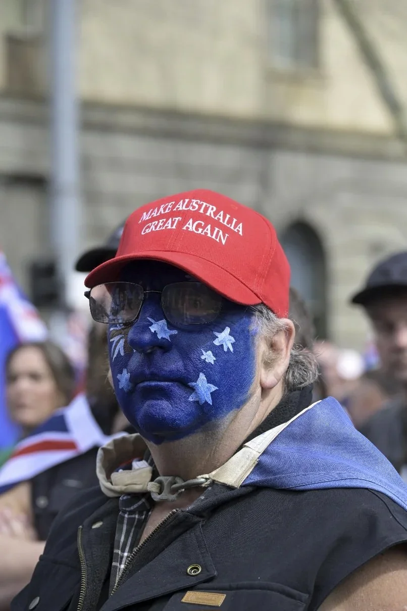 Editorial photograph from the Marches for Australia protests in Melbourne, documenting public demonstrations and civic expression. / photo by Farhad Rajabali | Artssie