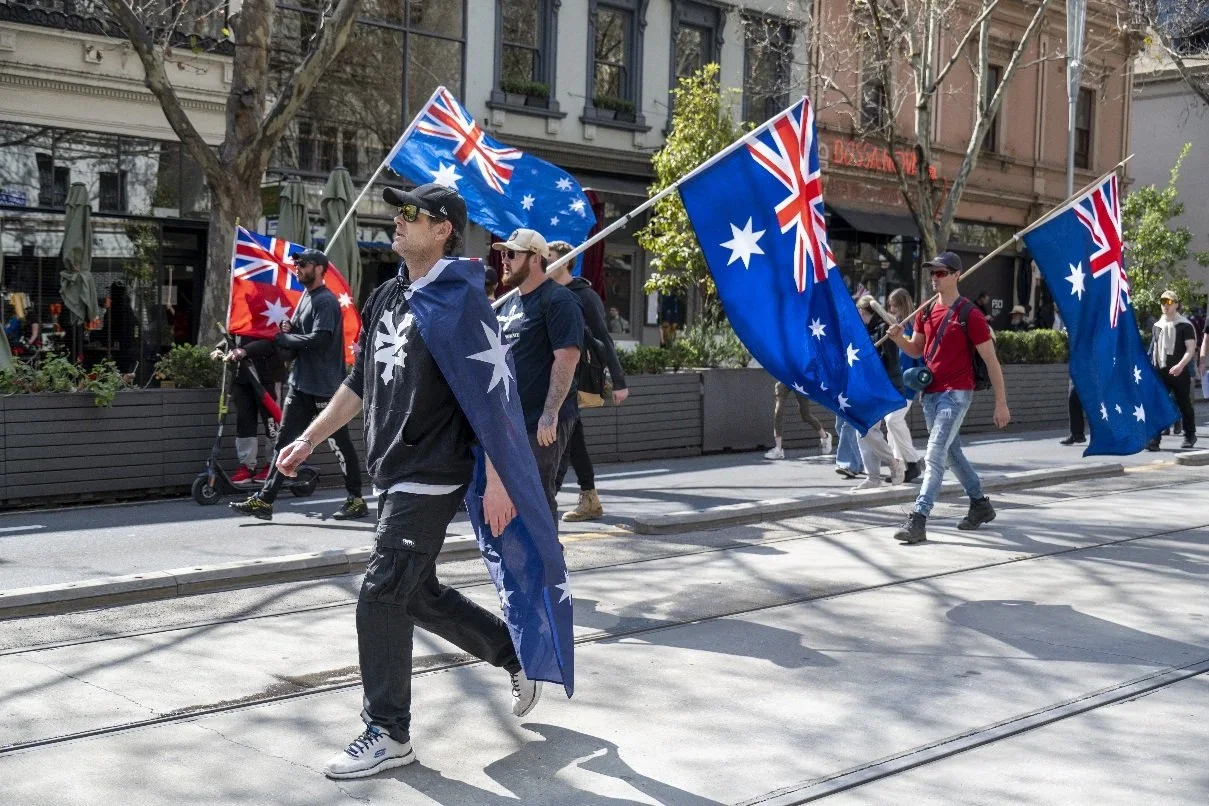 Editorial photograph from the Marches for Australia protests in Melbourne, documenting public demonstrations and civic expression. / photo by Farhad Rajabali | Artssie