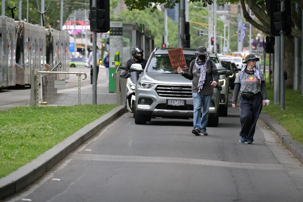 Editorial photograph from pro-Palestine demonstrations held in Melbourne during September–October 2025, documenting public protest, civic participation, and collective expression in urban space. Part of a long-form documentary project by photographer