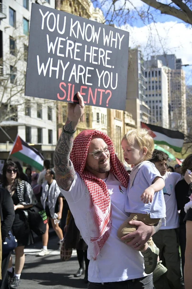 Editorial photograph from pro-Palestine demonstrations held in Melbourne during September–October 2025, documenting public protest, civic participation, and collective expression in urban space. Part of a long-form documentary project by photographer