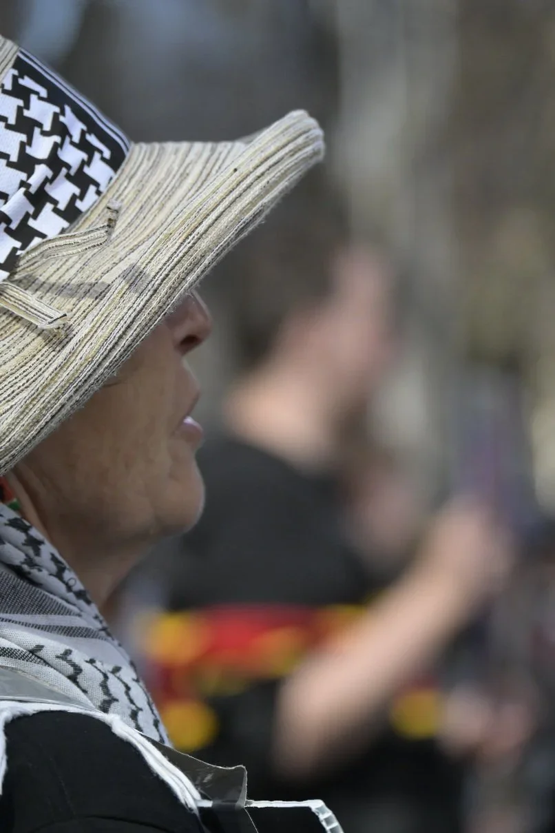 Editorial photograph from pro-Palestine demonstrations held in Melbourne during September–October 2025, documenting public protest, civic participation, and collective expression in urban space. Part of a long-form documentary project by photographer