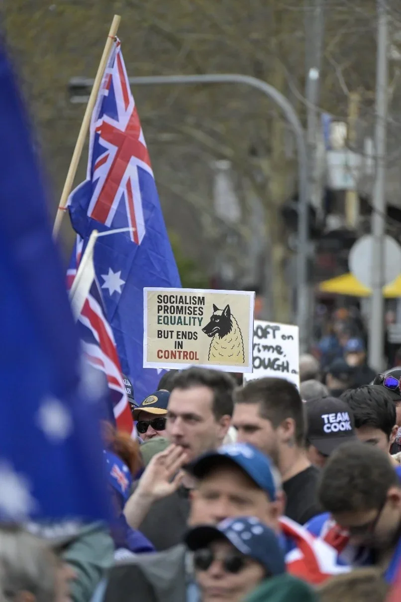 Editorial photograph from the Marches for Australia protests in Melbourne, documenting public demonstrations and civic expression. / photo by Farhad Rajabali | Artssie