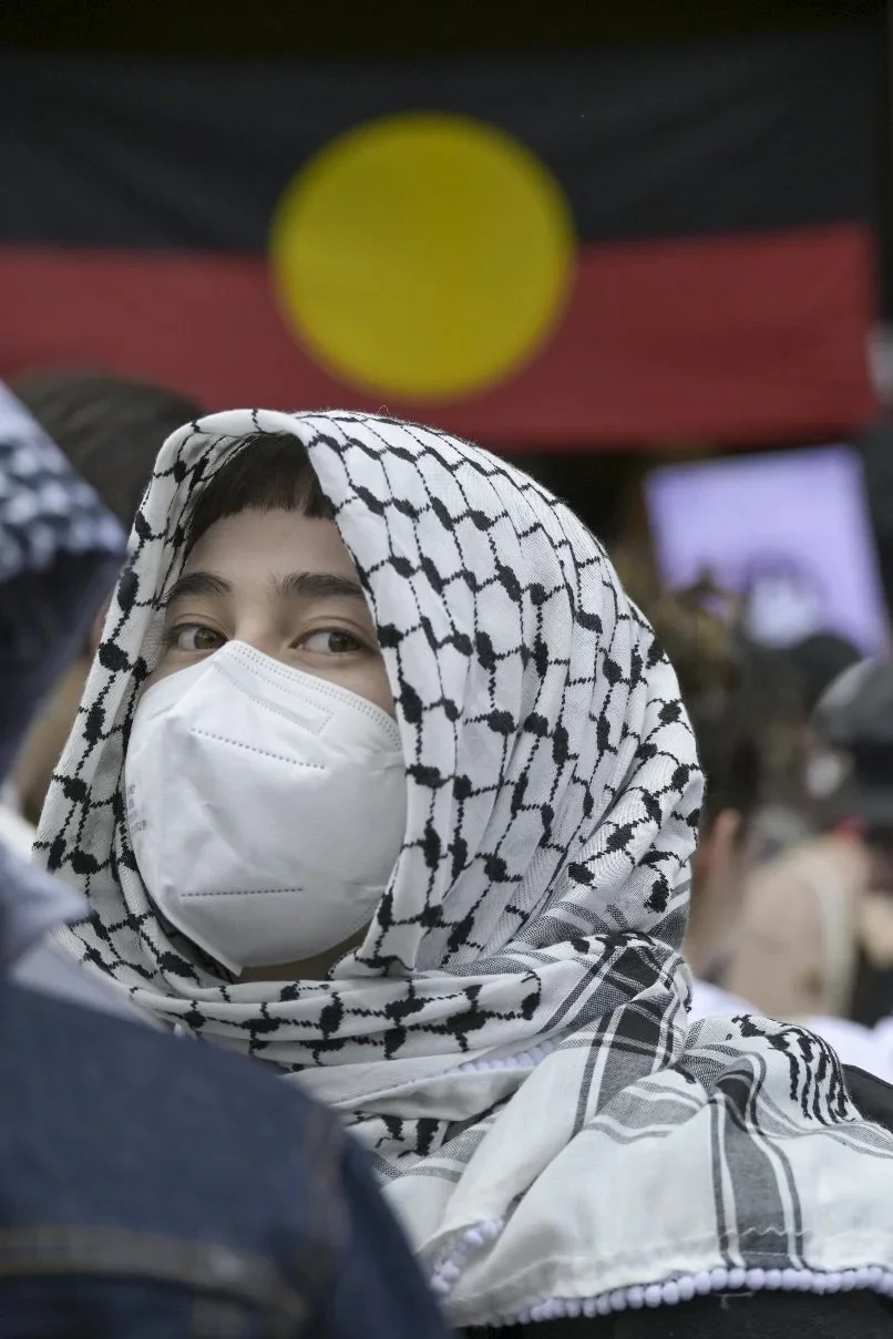 Editorial photograph from pro-Palestine demonstrations held in Melbourne during September–October 2025, documenting public protest, civic participation, and collective expression in urban space. Part of a long-form documentary project by photographer