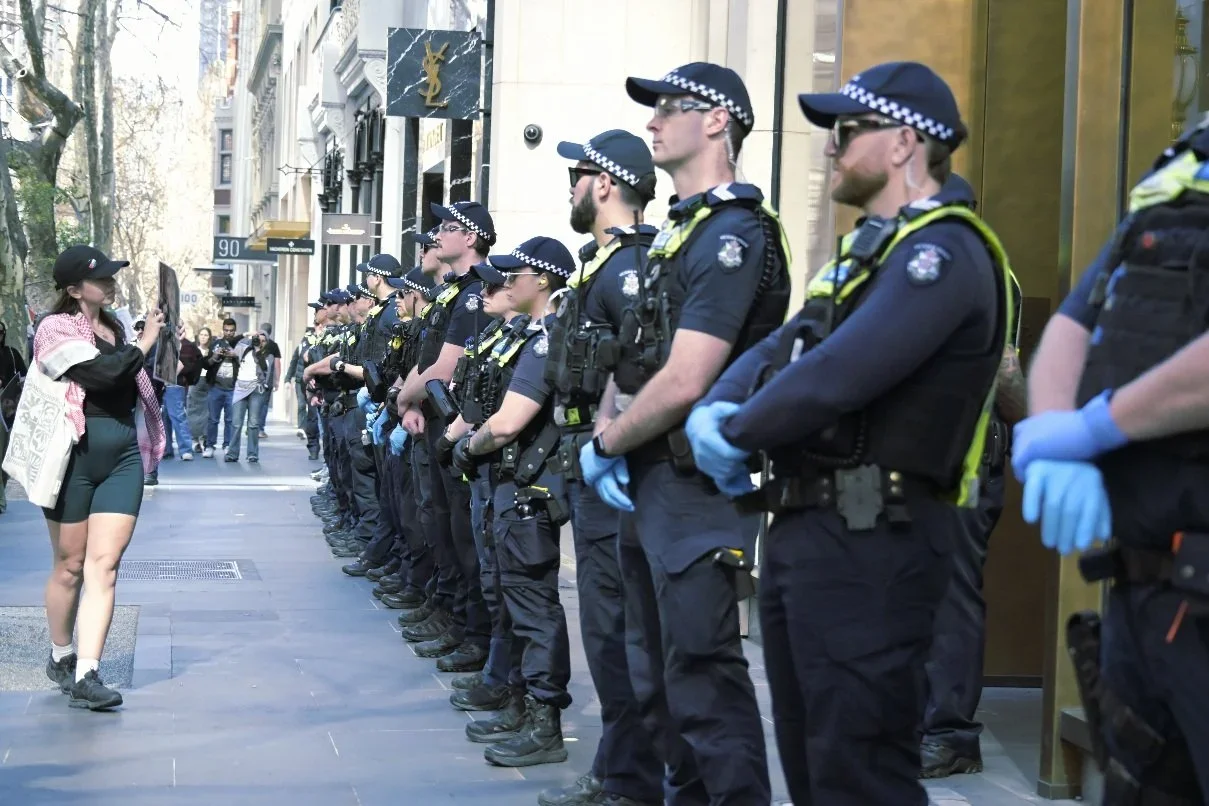 Editorial photograph from pro-Palestine demonstrations held in Melbourne during September–October 2025, documenting public protest, civic participation, and collective expression in urban space. Part of a long-form documentary project by photographer