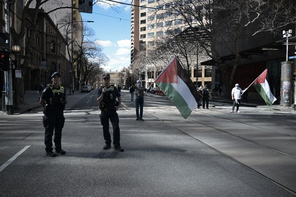 Editorial photograph from pro-Palestine demonstrations held in Melbourne during September–October 2025, documenting public protest, civic participation, and collective expression in urban space. Part of a long-form documentary project by photographer