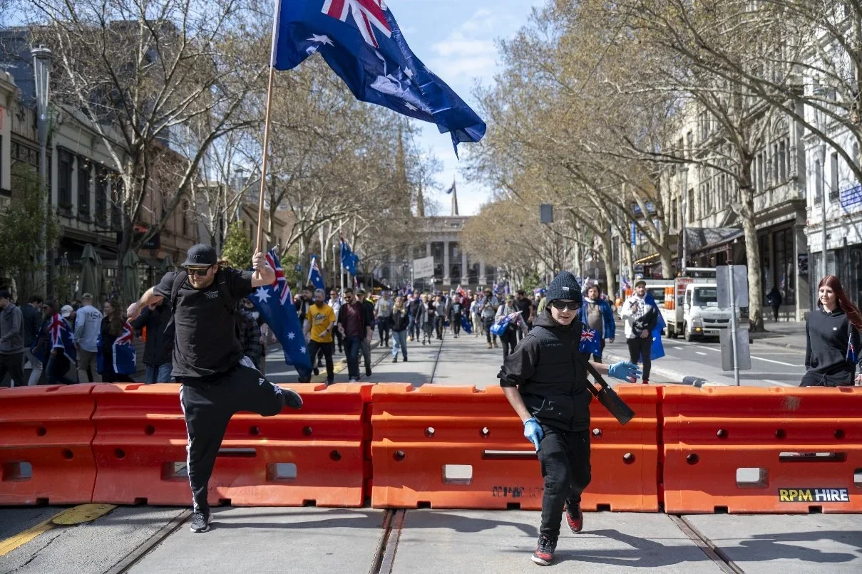 Editorial photograph from the Marches for Australia protests in Melbourne, documenting public demonstrations and civic expression. / photo by Farhad Rajabali | Artssie