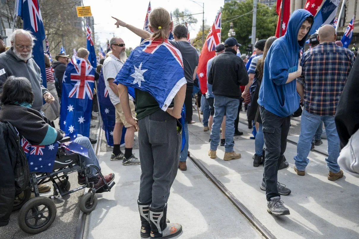 Editorial photograph from the Marches for Australia protests in Melbourne, documenting public demonstrations and civic expression. / photo by Farhad Rajabali | Artssie