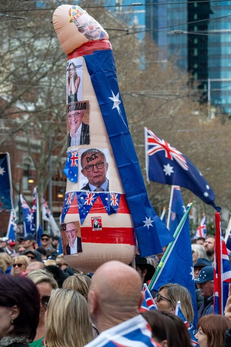 Editorial photograph from the Marches for Australia protests in Melbourne, documenting public demonstrations and civic expression. / photo by Farhad Rajabali | Artssie