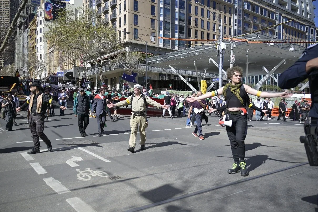 Editorial photograph from pro-Palestine demonstrations held in Melbourne during September–October 2025, documenting public protest, civic participation, and collective expression in urban space. Part of a long-form documentary project by photographer