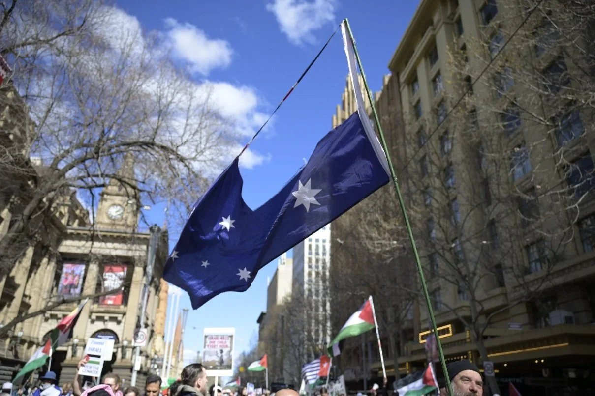 Editorial photograph from pro-Palestine demonstrations held in Melbourne during September–October 2025, documenting public protest, civic participation, and collective expression in urban space. Part of a long-form documentary project by photographer