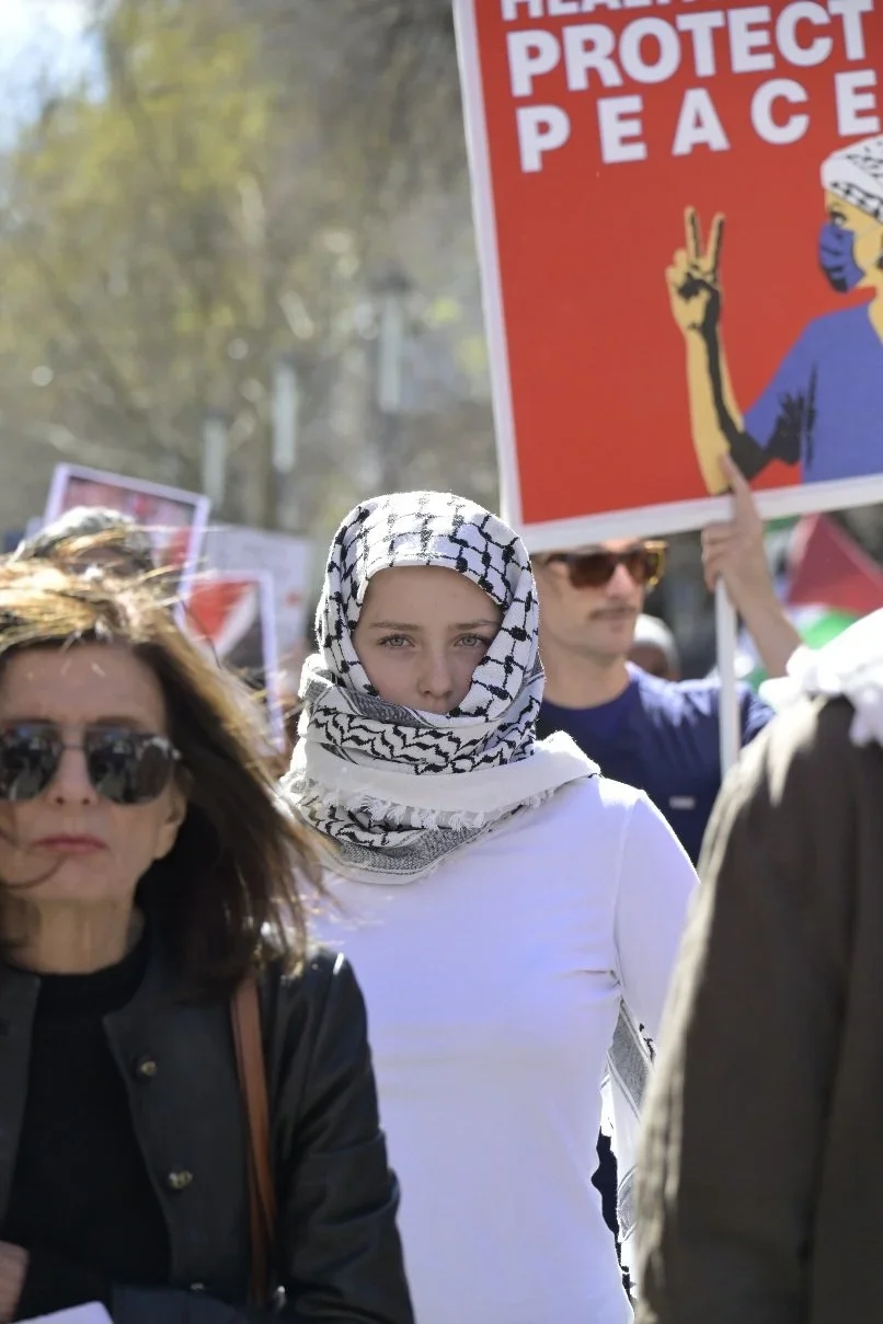 Editorial photograph from pro-Palestine demonstrations held in Melbourne during September–October 2025, documenting public protest, civic participation, and collective expression in urban space. Part of a long-form documentary project by photographer