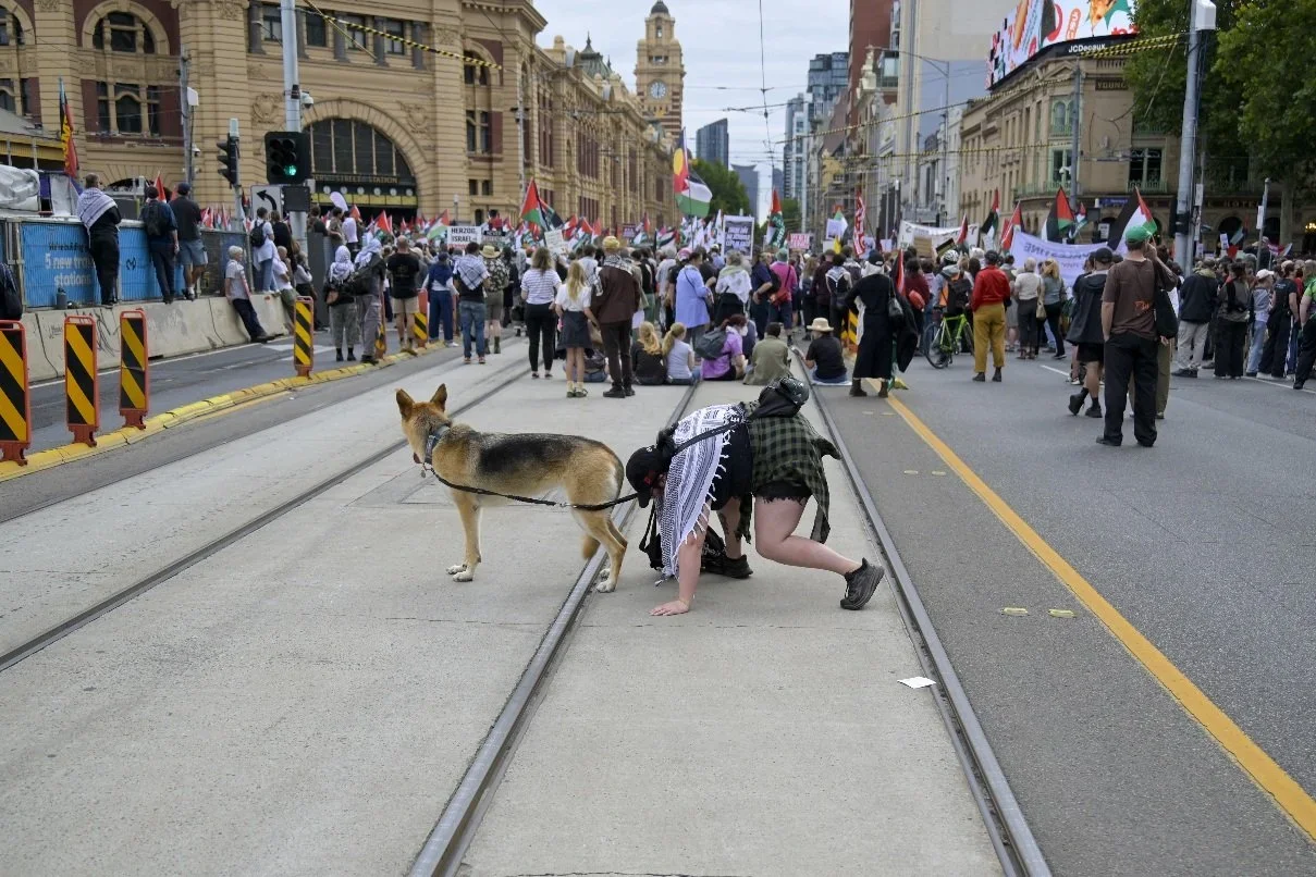 Documentary photograph from a pro-Palestine march through Melbourne’s CBD, capturing public protest, political expression, and street-level moments.
Photo by Farhad Rajabali | Artssie
