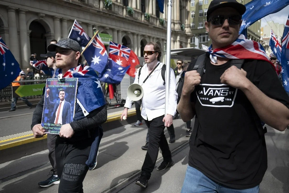 Editorial photograph from the Marches for Australia protests in Melbourne, documenting public demonstrations and civic expression. / photo by Farhad Rajabali | Artssie