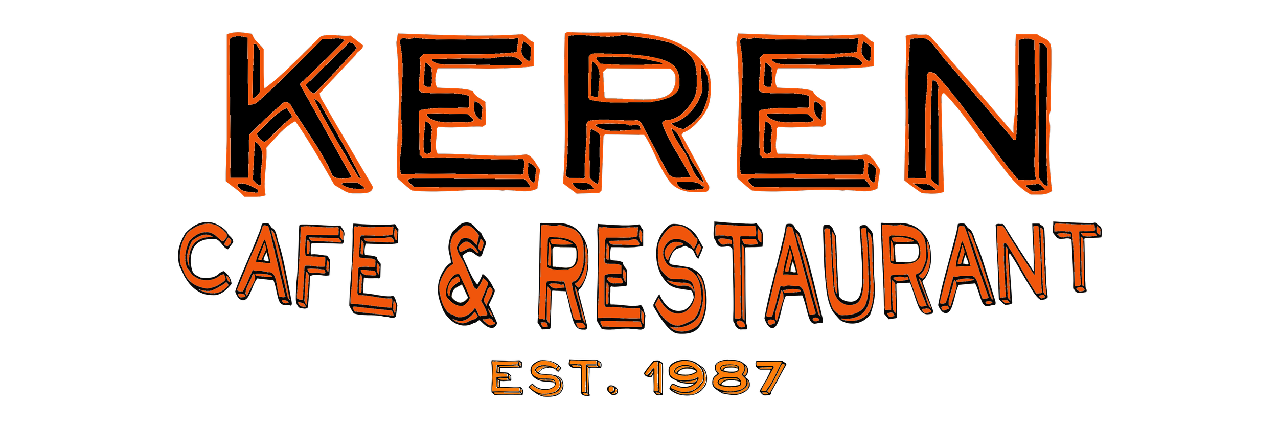 Sign with the text "Keren Cafe & Restaurant Est. 1987" in orange outline lettering on a black background.