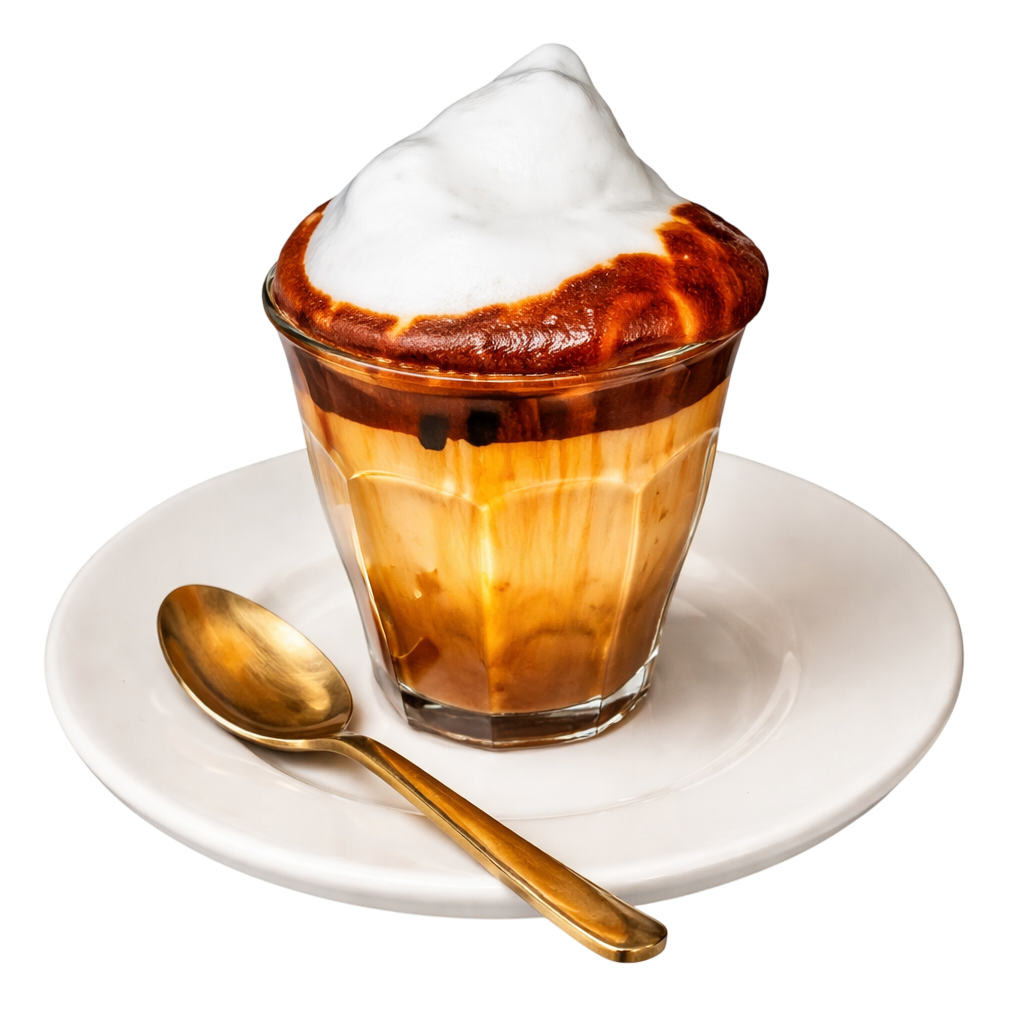 A glass of affogato with coffee and a scoop of ice cream topped with whipped cream on a white plate with a gold spoon.