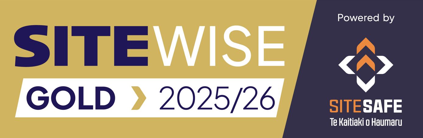 A banner with gold, navy, orange, and white colors promoting SITE WISE Gold 2025/26, powered by SITE SAFE, featuring a geometric logo and text in both English and Maori.