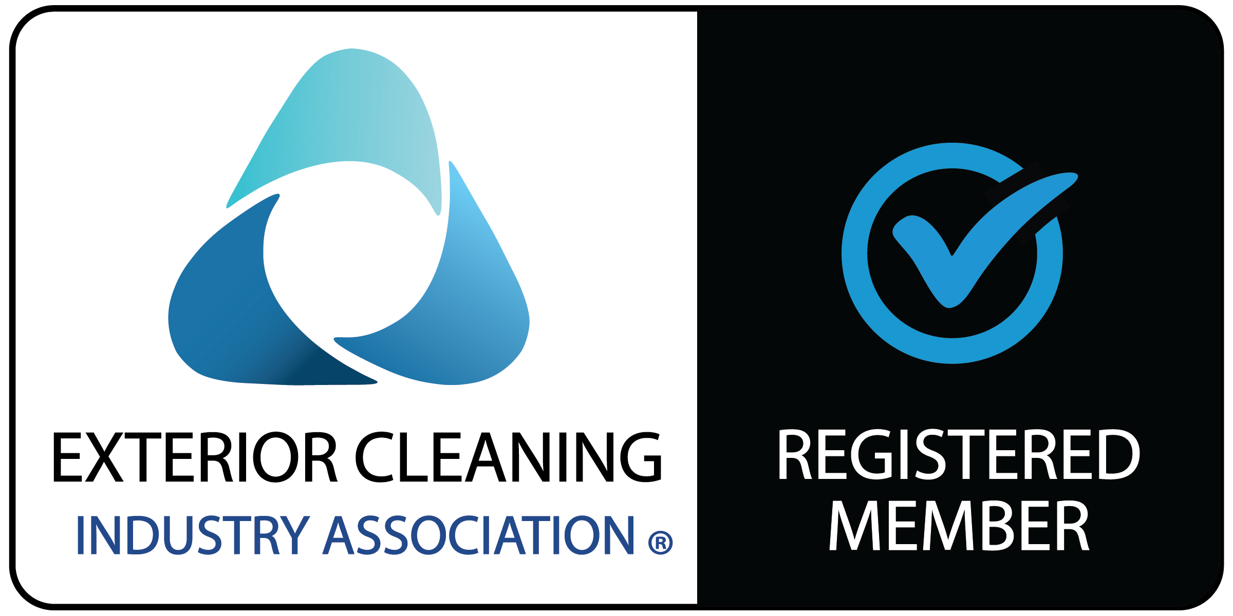 Exterior Cleaning Industry Association logo on the left with a blue triangular symbol, and a dark background with a blue checkmark inside a circle on the right, indicating registered member status.