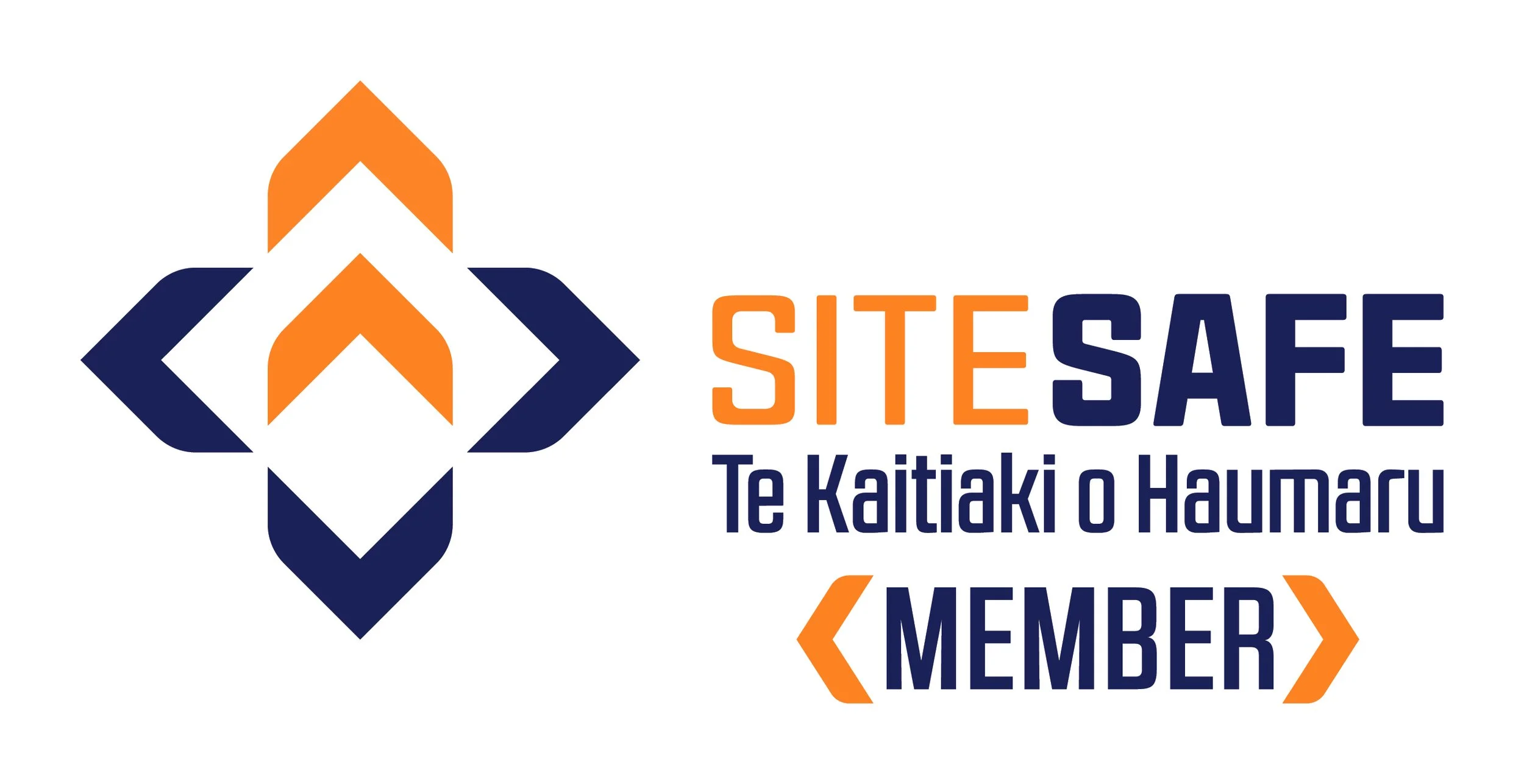 Logo for SITESAFE with Māori text 'Te Kaitiaki o Haumaru' and the word 'MEMBER' in orange and navy blue, featuring a geometric design with orange and navy blue arrows.