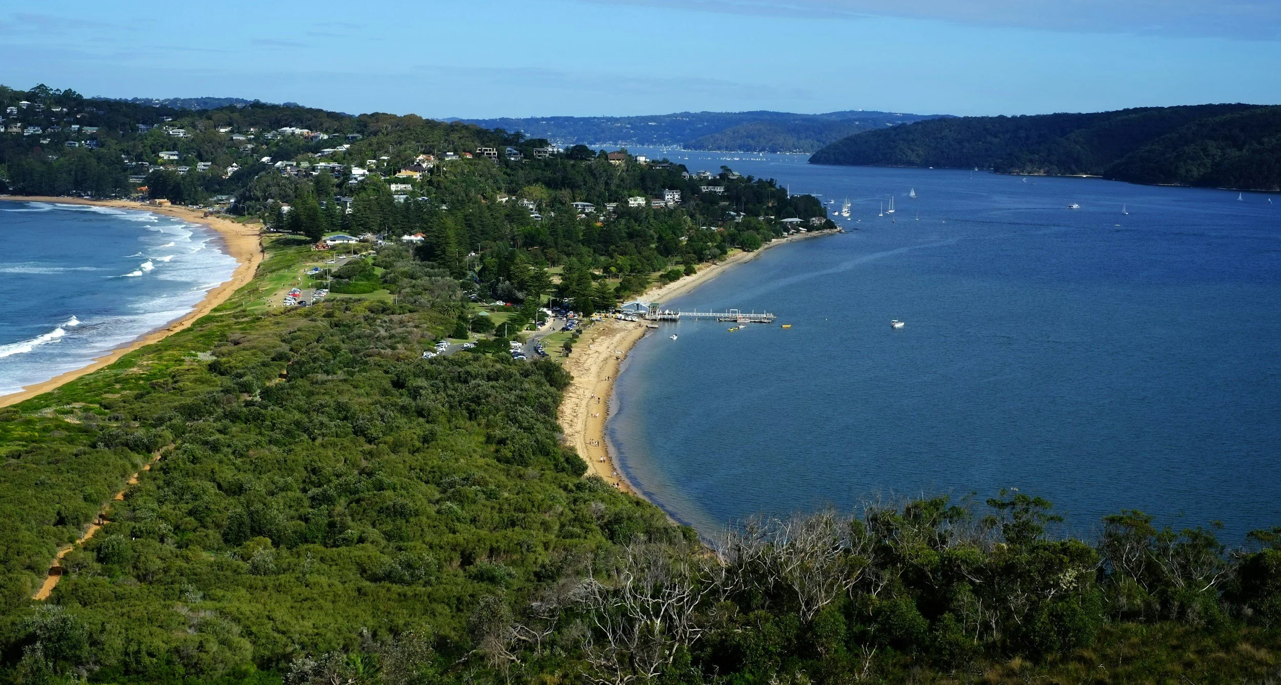 A coastal landscape with a sandy beach, greenery, and residential houses overlooking a bay with sailboats and a forested hillside in the background.