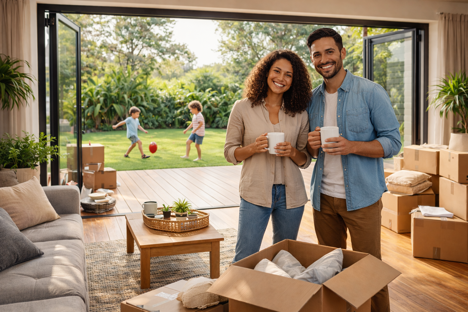 Couple settling into their new home on move-in day while children play AFL outside in the backyard