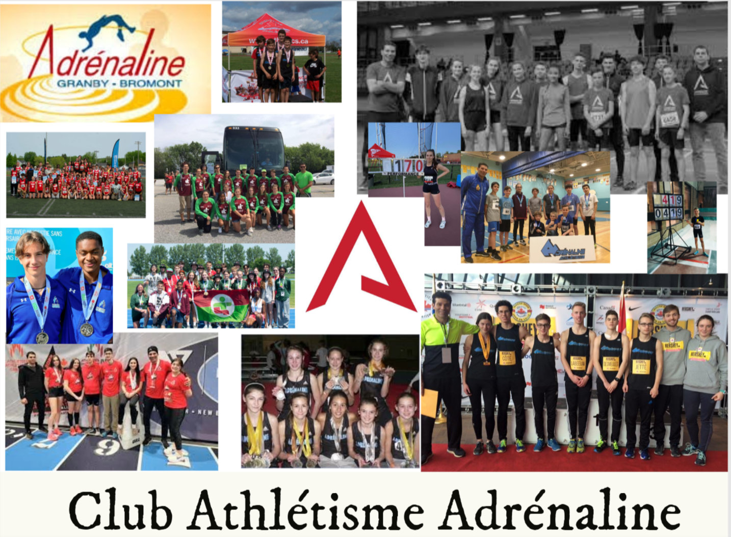 Collage de photos sportives du Club Athlétisme Adrénaline, montrant des équipes de jeunes athlètes, des médaillés, des compétitions en salle et en extérieur, des entraînements et des moments de victoire.