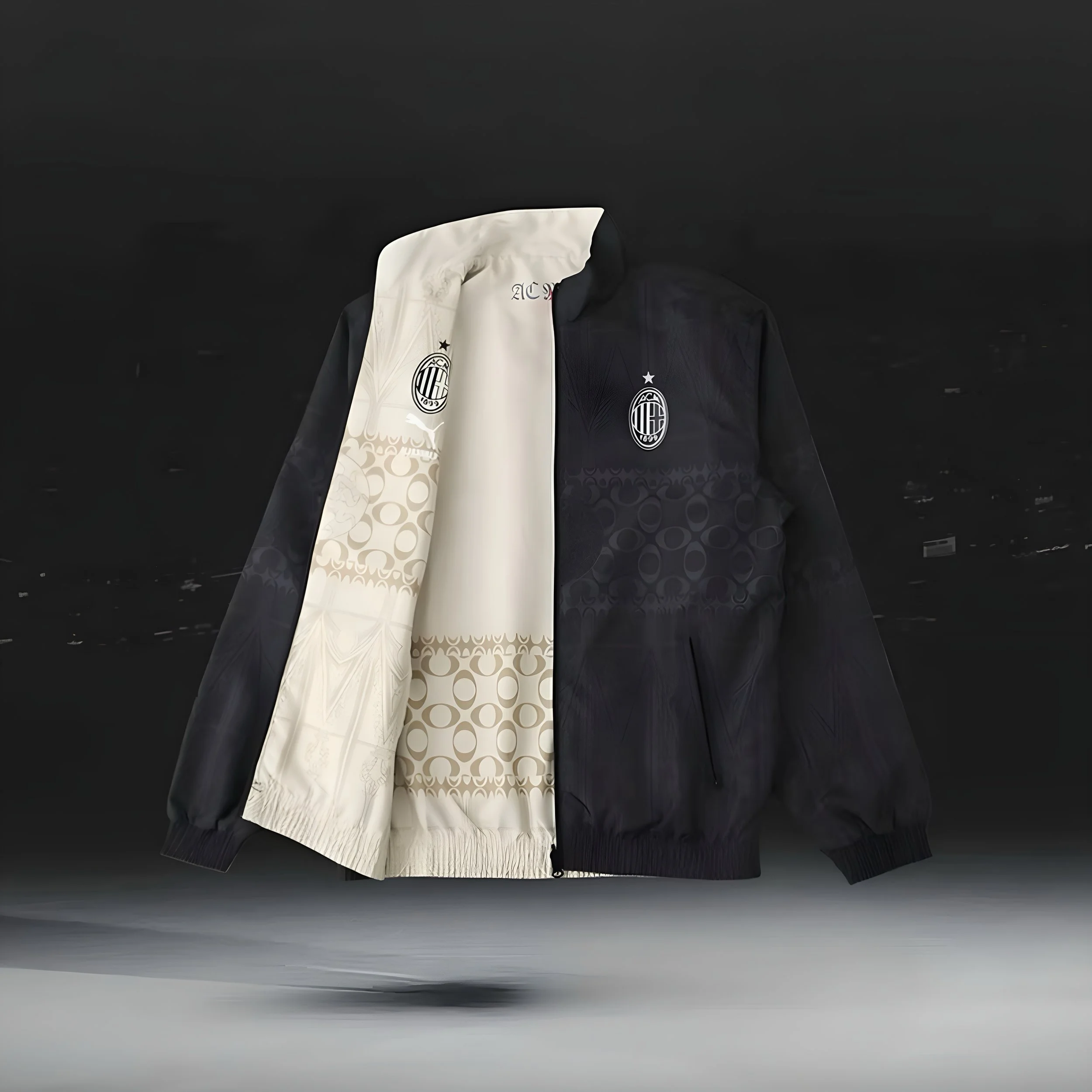 A black and white jacket with the AC Milan logo on the chest, displayed against a dark background.