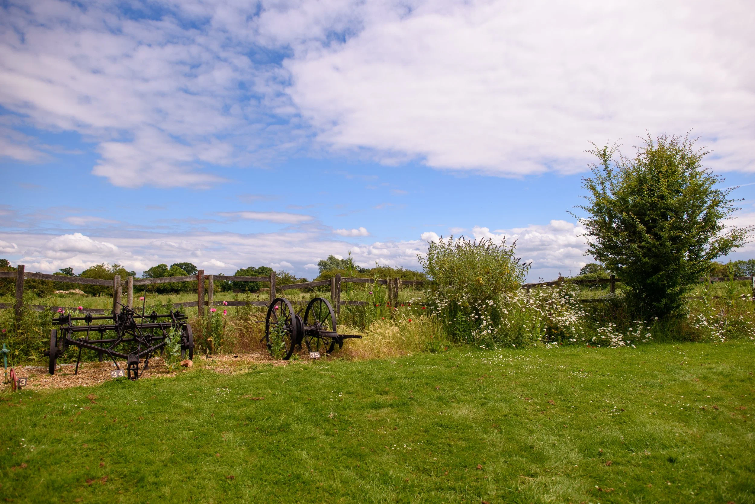 Open field with vintage farming equipment, green grass, trees, and a partly cloudy sky.