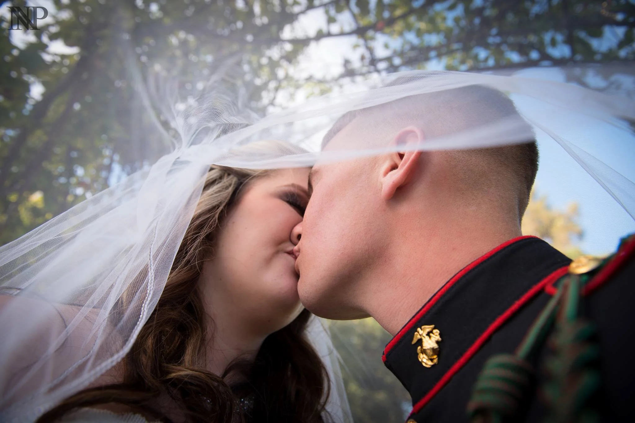 A bride and groom share a kiss under a wedding veil outdoors.