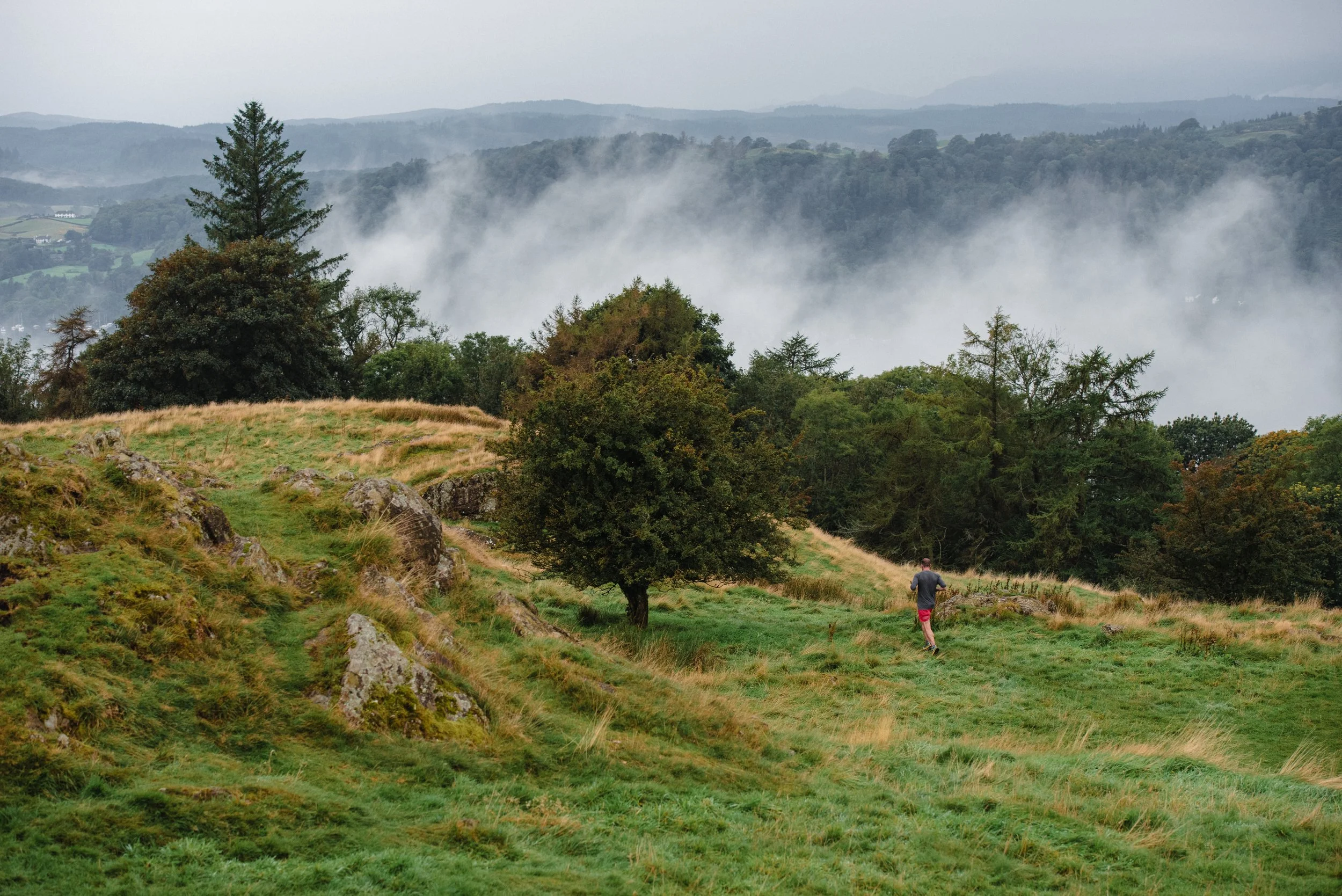 A man running through a grassy, hilly landscape with trees and rocks, fog or mist covering distant hills in the background.