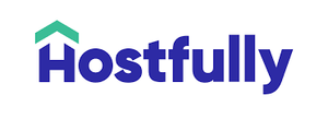 Hostfully logo with blue text and a green arrow above the letter 'H'