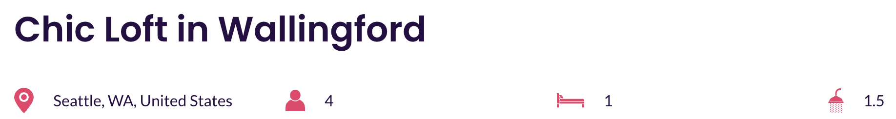 Infographic titled "Chic Loft in Wallingford" showing location in Seattle, WA, United States, with 4 people, 1 bed, and 1.5 bathrooms.