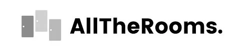 Logo for AllTheRooms, featuring an abstract gray building icon and bold black text.