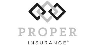 Proper Insurance logo with black geometric design and gray text