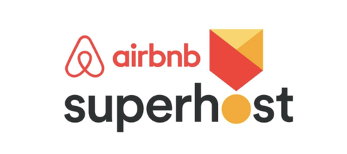 Airbnb and Superhost logos with a red, yellow, and orange geometric graphic
