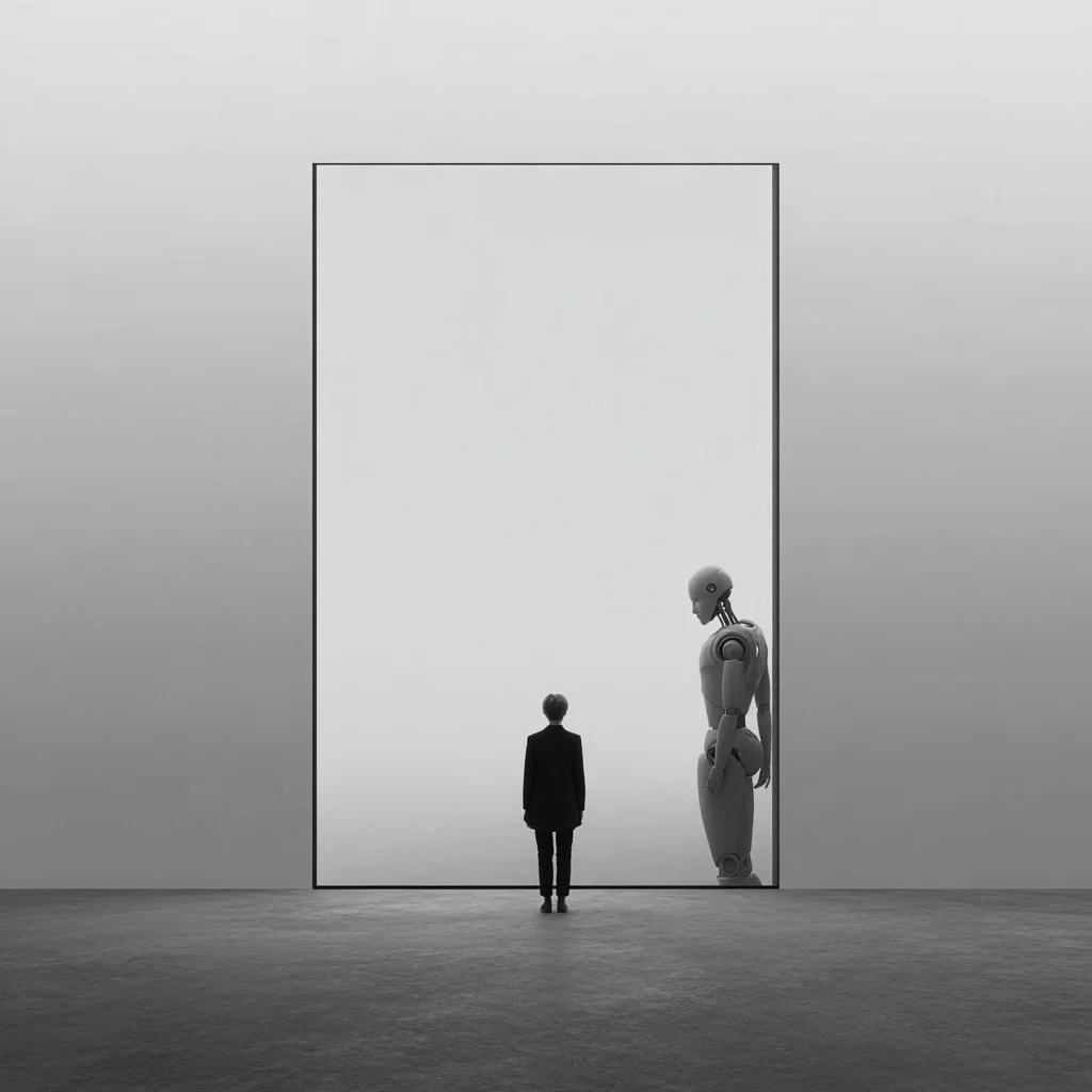 A person in a suit standing in front of a large window or doorway, looking at a humanoid robot inside the room.