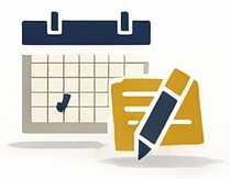 Calendar with a blue header, a clock, and a yellow notepad with a pen