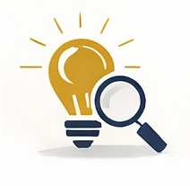 A light bulb with a magnifying glass in front of it, symbolizing idea discovery or analysis.